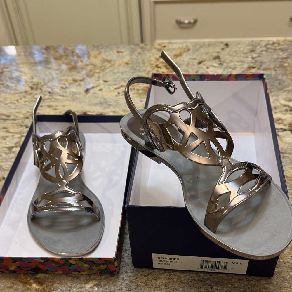 Stuart Weitzman Metallic Silver Laser-Cut Slingback Sandals
